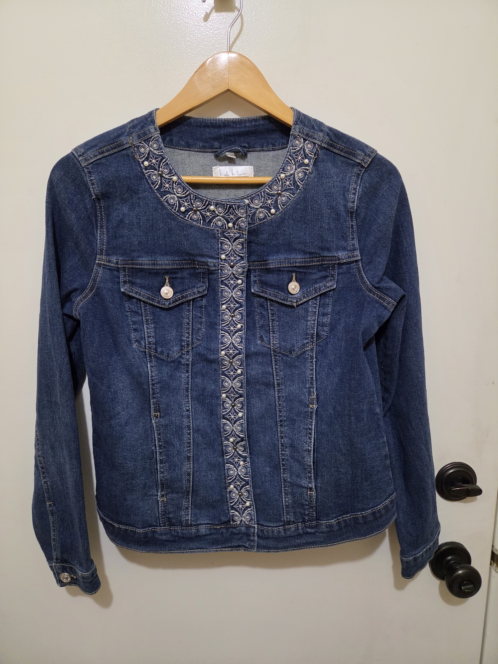 Nicole Miller Studio Dark Blue Embroidered Collarless Jean Jacket
